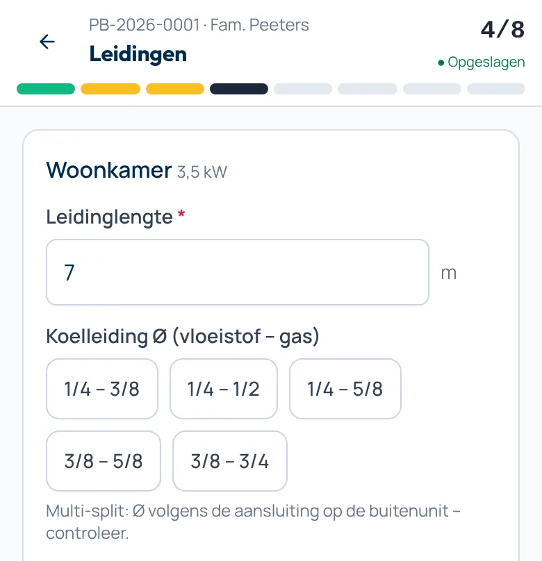 Stap Leidingen van het plaatsbezoek: voor de woonkamer leidinglengte 7 m, keuze van de koelleidingdiameter en voorstel voor de verbindingskabel
