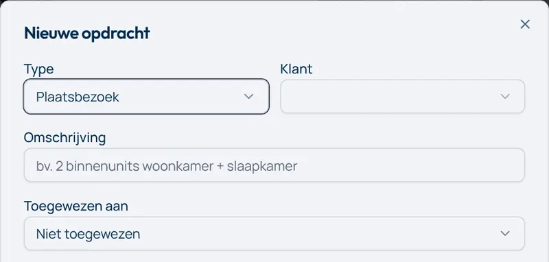 Venster Nieuwe opdracht met type, klant, omschrijving en toegewezen aan