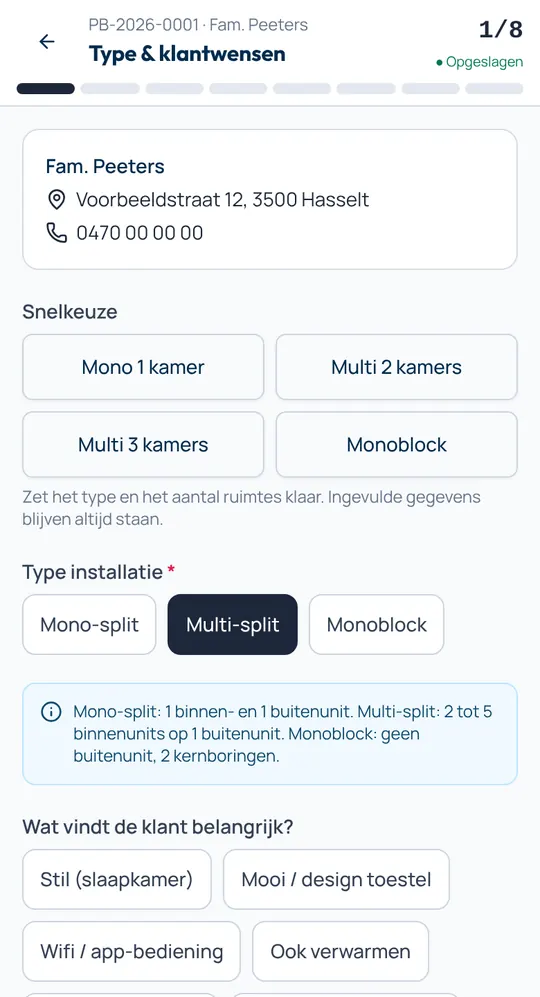 Plaatsbezoek op de gsm: stap 1 van 8, type installatie en klantwensen