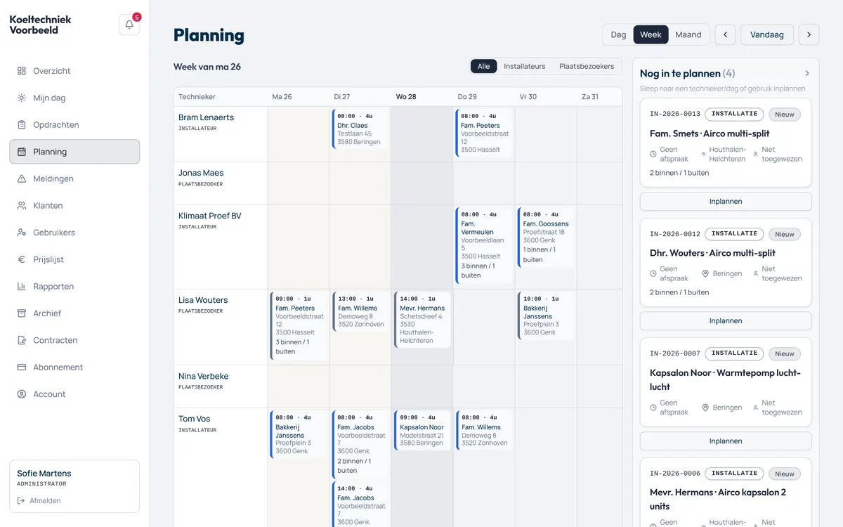 Écran Planning au bureau : vue de la semaine avec les rendez-vous par technicien